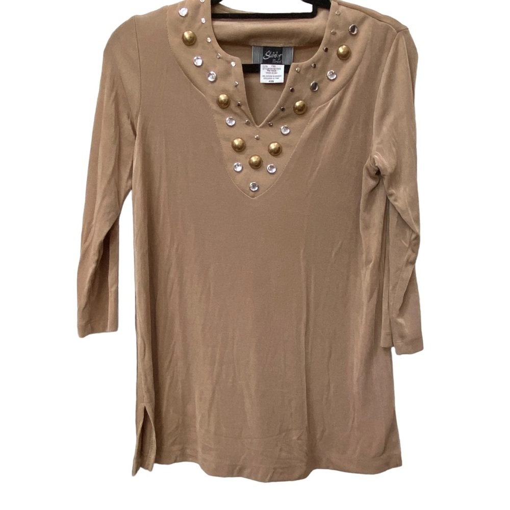Slinky Brand Beige Khaki Tan Knit 3/4 Sleeve Split Hem Tunic Top Shirt size PXS